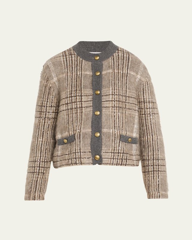 Cashmere-Mohair Paillette Check Jacquard Cardigan
